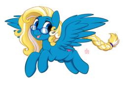 Size: 1200x853 | Tagged: safe, artist:onnanoko, oc, oc only, oc:golden yarn, pegasus, pony, flying, glasses, smiling, solo