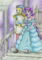 Size: 1637x2322 | Tagged: safe, artist:sinaherib, flash sentry, twilight sparkle, alicorn, anthro, g4, breasts, cleavage, clothes, dress, epaulettes, facial hair, female, high heels, male, moustache, sash, ship:flashlight, shipping, shoulderless, stairs, straight, traditional art, twilight sparkle (alicorn), uniform