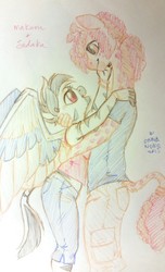 Size: 776x1280 | Tagged: safe, artist:onnanoko, oc, oc only, giraffe, pegasus, zony, anthro, duo, hug, shipping, traditional art