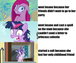 Size: 602x500 | Tagged: safe, edit, edited screencap, screencap, pinkie pie, starlight glimmer, twilight sparkle, g4, lesson zero, party of one, the cutie re-mark, drama, pinkamena diane pie, starlight drama, twilight snapple