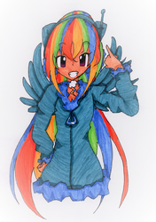 Size: 3067x4350 | Tagged: safe, artist:mizuki-yorudan, rainbow dash, human, g4, eared humanization, female, high res, humanized, looking at you, markers, solo, traditional art, winged humanization, wings