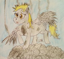 Size: 1440x1318 | Tagged: safe, artist:rapidsnap, derpy hooves, pegasus, pony, g4, the last roundup, confused, electrocution, female, mare, shocked, singed, solo, traditional art