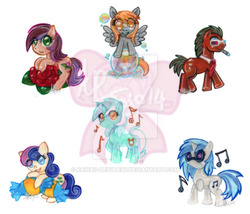 Size: 600x514 | Tagged: safe, artist:kawaii-desudesu, bon bon, derpy hooves, dj pon-3, doctor whooves, lyra heartstrings, roseluck, sweetie drops, time turner, vinyl scratch, pegasus, pony, g4, 3d glasses, chibi, crossover, doctor who, female, flower, mare, obtrusive watermark, rose, sonic screwdriver, watermark