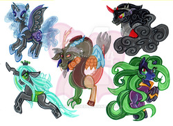 Size: 600x436 | Tagged: safe, artist:kawaii-desudesu, discord, king sombra, mane-iac, nightmare moon, queen chrysalis, alicorn, changeling, draconequus, pony, unicorn, g4, chibi, watermark