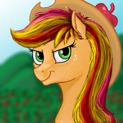 Size: 3600x3600 | Tagged: safe, artist:ambergerr, applejack, earth pony, pony, g4, female, high res, looking at you, rainbow power, solo
