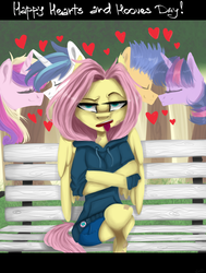Size: 1024x1356 | Tagged: safe, artist:kyra--chan, artist:sunrisepld, flash sentry, fluttershy, princess cadance, shining armor, twilight sparkle, alicorn, anthro, g4, bench, clothes, female, hearts and hooves day, hoodie, male, ship:flashlight, ship:shiningcadance, shipping, straight, twilight sparkle (alicorn)