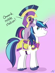 Size: 960x1280 | Tagged: safe, artist:nuka-kitty, shining armor, twilight sparkle, pony, unicorn, g4, accessory theft, armor, cute, dialogue, duo, female, filly, filly twilight sparkle, gradient background, looking back, open mouth, ponies riding ponies, riding, shining adorable, siblings, smiling, twiabetes, twilight riding shining armor, younger
