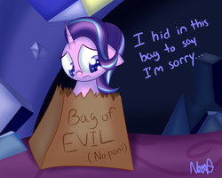 Size: 2000x1600 | Tagged: safe, artist:nevaylin, starlight glimmer, pony, unicorn, g4, bag, blatant lies, colored pupils, cute, dialogue, evil, female, floppy ears, frown, glimmerbetes, lies, looking down, mare, paper bag, poni, sad, sadlight glimmer, solo, sorry, wavy mouth