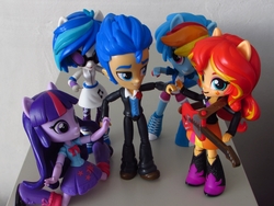 Size: 1200x900 | Tagged: safe, artist:whatthehell!?, derpibooru exclusive, dj pon-3, flash sentry, rainbow dash, sunset shimmer, twilight sparkle, vinyl scratch, equestria girls, g4, boots, bowtie, clothes, doll, dress, electric guitar, equestria girls minis, eqventures of the minis, fall formal outfits, female, guitar, high heel boots, irl, male, musical instrument, photo, ship:flashimmer, ship:flashlight, shipping, skirt, straight, suit, toy, tuxedo