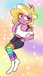 Size: 845x1489 | Tagged: dead source, safe, artist:berrypunchrules, taffy shade, equestria girls, g4, background human, belly button, clothes, female, midriff, missing shoes, rainbow socks, socks, solo, striped socks
