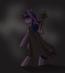 Size: 706x800 | Tagged: safe, artist:margony, twilight sparkle, alicorn, pony, g4, bipedal, cape, clothes, eyes closed, female, hoof hold, mare, solo, twilight sparkle (alicorn), weapon