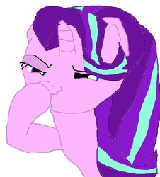 Size: 581x643 | Tagged: artist needed, safe, starlight glimmer, pony, unicorn, g4, 1000 hours in ms paint, boop, female, glimmerposting, grin, lidded eyes, mare, ms paint, self-boop, simple background, smiling, smirk, solo, stylistic suck, white background