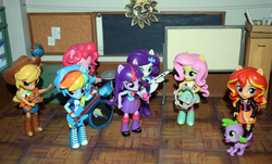 Size: 5994x3618 | Tagged: safe, artist:pmbsakura37, applejack, fluttershy, pinkie pie, rainbow dash, rarity, spike, sunset shimmer, twilight sparkle, dog, equestria girls, g4, my little pony equestria girls: rainbow rocks, absurd resolution, bass guitar, boots, chalkboard, clothes, cowboy boots, cymbals, doll, drum kit, drums, electric guitar, equestria girls minis, eqventures of the minis, globe, guitar, high heel boots, jacket, jewelry, keytar, leather jacket, mane six, melancholy of haruhi suzumiya, microphone, musical instrument, skirt, spike the dog, sun, tambourine, toy
