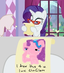 Size: 910x1024 | Tagged: safe, rarity, starlight glimmer, pony, unicorn, g4, carousel boutique, female, glasses, glimglam, glimmerposting, letter, mannequin, mare, meme, ms paint, stylistic suck