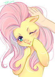 Size: 1131x1600 | Tagged: safe, artist:izumi_221b, fluttershy, human, anthro, g4, blushing, female, hair, human lips, interaction, mane, offscreen character, one eye closed, pixiv, pov, solo, stroking, uncanny valley, wink