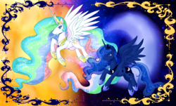 Size: 2650x1600 | Tagged: safe, artist:setsuna-yena, princess celestia, princess luna, alicorn, pony, g4, flying