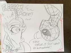 Size: 2048x1536 | Tagged: safe, artist:andypriceart, princess luna, g4, crossover, eek, male, spider-man, surprised, traditional art, upside down, wide eyes, yelling