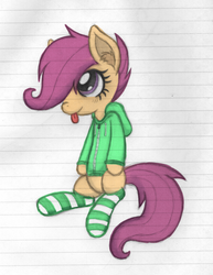 Size: 1372x1774 | Tagged: safe, artist:fallenpeach, scootaloo, g4, clothes, female, hoodie, lined paper, socks, solo, striped socks, tongue out, traditional art