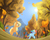 Size: 1500x1187 | Tagged: safe, artist:jaeneth, applejack, rainbow dash, earth pony, pegasus, pony, fall weather friends, g4, autumn, duo, female, forest, grin, leaves, mare, mountain, number, running, running of the leaves, scene interpretation, smiling, tree