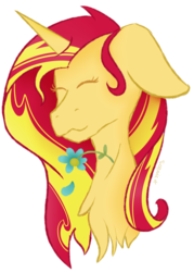 Size: 1690x2363 | Tagged: safe, artist:scenicstar, sunset shimmer, pony, unicorn, g4, bust, eyes closed, female, floppy ears, flower, head, portrait, simple background, solo, transparent background