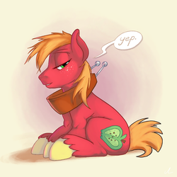 Size: 4800x4800 | Tagged: safe, artist:docwario, big macintosh, earth pony, pony, g4, absurd resolution, bedroom eyes, femboy, looking at you, male, open mouth, sexy, sitting, solo, stallion, stupid sexy big macintosh, yes