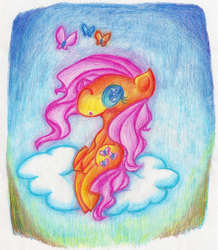 Size: 2204x2532 | Tagged: safe, artist:wendy-the-creeper, fluttershy, butterfly, g4, cloud, colored pencil drawing, female, high res, pencil drawing, solo, traditional art
