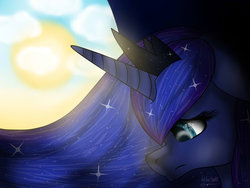 Size: 1024x768 | Tagged: safe, artist:wika4007, princess luna, alicorn, pony, g4, female, sad, solo, sun