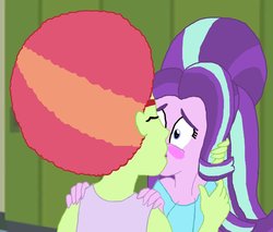 Size: 969x825 | Tagged: safe, artist:ktd1993, starlight glimmer, tree hugger, equestria girls, g4, afro, blushing, crack shipping, equestria girls-ified, female, kissing, lesbian, shipping, starhugger