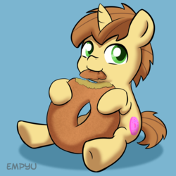 Size: 1000x1000 | Tagged: safe, artist:empyu, donut joe, pony, g4, baby, baby pony, colt, cute, donut, eating, foal, food, hnnng, looking at you, male, simple background, solo, young, younger