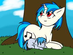 Size: 1600x1200 | Tagged: safe, artist:jolliapplegirl, dj pon-3, vinyl scratch, oc, oc:serenade, pony, unicorn, g4, colt, family, female, foal, male, mare, mother and son, next generation, offspring, parent:neon lights, parent:vinyl scratch, parents:vinylights, red eyes, tree, wrong eye color