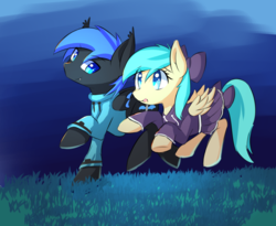Size: 1024x841 | Tagged: safe, artist:kawaiipony2, oc, oc only, pegasus, pony, bow, clothes, commission, cute, duo, fangs, female, grass field, hair bow, male, mare, raised hoof, smiling, stallion, straight
