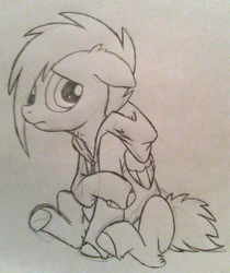 Size: 606x722 | Tagged: safe, artist:changelingtrash, artist:princessamity, oc, oc only, pegasus, pony, alternate hairstyle, clothes, hoodie, looking at you, male, monochrome, sitting, sketch, solo, traditional art