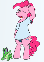 Size: 753x1058 | Tagged: safe, artist:leapingriver, artist:letterbomb, derpibooru exclusive, gummy, pinkie pie, g4, adorasexy, bipedal, blue background, clothes, cute, ear fluff, female, gummy doesn't give a fuck, head rub, lidded eyes, one eye closed, open mouth, oversized clothes, oversized shirt, panties, plump, sexy, shirt, simple background, sleepy, sleepy pie, solo, standing, thick, underwear, wide hips