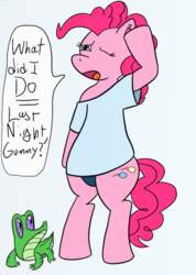 Size: 754x1059 | Tagged: safe, artist:leapingriver, artist:letterbomb, derpibooru exclusive, gummy, pinkie pie, g4, adorasexy, bipedal, blue background, clothes, cute, ear fluff, female, gummy doesn't give a fuck, hangover, head rub, headache, lidded eyes, one eye closed, open mouth, oversized clothes, oversized shirt, panties, plump, sexy, shirt, simple background, sleepy, sleepy pie, solo, speech bubble, standing, thick, underwear, wide hips