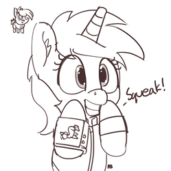 Size: 1280x1286 | Tagged: dead source, safe, artist:pabbley, pipsqueak, oc, oc:littlepip, pony, unicorn, fallout equestria, g4, black and white, clothes, colt, dialogue, fanfic, fanfic art, female, foal, grayscale, grin, horn, jumpsuit, male, mare, monochrome, pipboy, pipbuck, pun, simple background, smiling, vault suit, white background