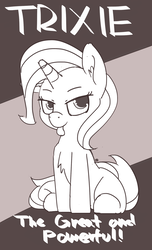 Size: 1168x1920 | Tagged: dead source, safe, artist:pabbley, trixie, pony, g4, female, lidded eyes, monochrome, poster, sitting, solo, tongue out