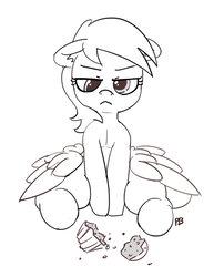 Size: 1280x1583 | Tagged: dead source, safe, artist:pabbley, derpy hooves, pony, g4, female, floppy ears, food, frown, grumpy, monochrome, muffin, simple background, sitting, solo, white background
