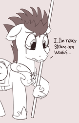 Size: 1243x1920 | Tagged: dead source, safe, artist:pabbley, flash sentry, pony, g4, armor, crying, dialogue, male, monochrome, simple background, solo, spear, wavy mouth, weapon