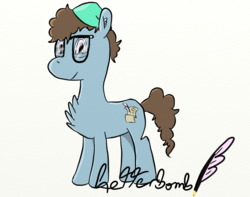 Size: 926x728 | Tagged: safe, artist:letterbomb, derpibooru exclusive, oc, oc only, oc:letterbomb, earth pony, pony, beanie, chest fluff, curly hair, ear fluff, glasses, hat, male, signature, simple background, smiling, solo