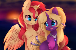 Size: 1280x853 | Tagged: safe, artist:mrsremi, sunset shimmer, oc, alicorn, pony, unicorn, g4, alicornified, cute, duo, female, hnnng, horn, horn ring, mare, ocbetes, open mouth, race swap, shimmerbetes, shimmercorn, smiling, sunset, twilight (astronomy)