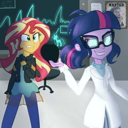 Size: 1024x1024 | Tagged: dead source, safe, artist:wubcakeva, sci-twi, sunset shimmer, twilight sparkle, equestria girls, g4, angry, clothes, demonic possession, duo, evil twilight, glasses, grin, lab coat, looking back, markiplier, midnight sparkle, pants, possessed, smiling, wanted poster