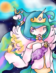 Size: 2523x3306 | Tagged: safe, artist:mizuki-yorudan, princess celestia, human, pony, g4, belly button, female, high res, horn, horned humanization, human ponidox, humanized, midriff, self ponidox, solo, tailed humanization, winged humanization, wings