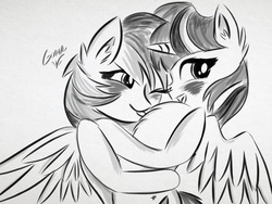 Size: 800x600 | Tagged: safe, artist:mylittlelevi64, rainbow dash, twilight sparkle, alicorn, pegasus, pony, g4, blushing, chest fluff, cute, dashabetes, ear fluff, embarrassed, female, grayscale, lesbian, licking, looking away, looking back, monochrome, one eye closed, ship:twidash, shipping, signature, simple background, tongue out, traditional art, twiabetes, twilight sparkle (alicorn), white background