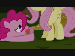 Size: 480x360 | Tagged: safe, screencap, fluttershy, pinkie pie, earth pony, pegasus, pony, bridle gossip, g4, season 1, anatomically incorrect, animated, black bars, cute, diapinkes, female, flutterguy, gif, incorrect leg anatomy, letterboxing, puppy dog eyes, spitty pie