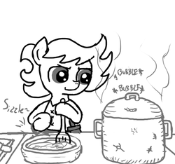 Size: 640x600 | Tagged: safe, artist:ficficponyfic, oc, oc only, oc:ruby rouge, earth pony, pony, colt quest, child, clothes, cooking, cyoa, female, filly, foal, kitchen, knife, monochrome, pot, smiling, solo, spatula, steam, stirring, story included