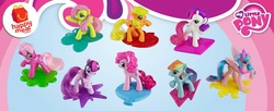 Size: 748x305 | Tagged: safe, applejack, cheerilee, fluttershy, pinkie pie, princess celestia, rainbow dash, rarity, twilight sparkle, earth pony, pony, g4, irl, mane six, mcdonald's happy meal toys, my little pony logo, photo, pinklestia, toy