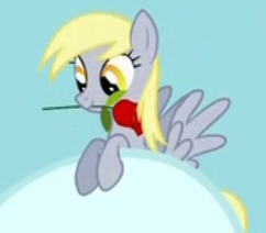 Size: 242x212 | Tagged: safe, screencap, derpy hooves, pegasus, pony, fall weather friends, g4, cloud, cropped, female, flower, flower in mouth, mouth hold, rose, solo