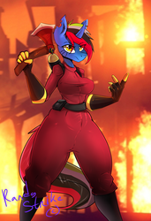 Size: 2200x3215 | Tagged: safe, artist:randystrike, oc, oc only, oc:randy, anthro, axe, breasts, clothes, cosplay, costume, female, fire, gloves, high res, mare, pyro, solo, suit, tight clothing, weapon