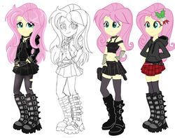 Size: 775x610 | Tagged: safe, artist:tokatl, edit, edited screencap, screencap, fluttershy, equestria girls, g4, alternate clothes, alternate hairstyle, belly button, boots, clothes, collage, collar, female, goth, heavy metal, hoodie, metal, metalshy, midriff, miniskirt, pantyhose, pleated skirt, recolor, skirt, solo