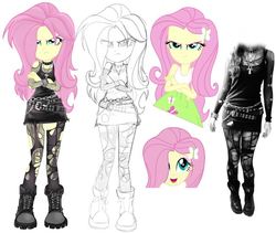 Size: 705x596 | Tagged: safe, artist:tokatl, edit, edited screencap, screencap, fluttershy, equestria girls, g4, alternate clothes, alternate hairstyle, female, goth, heavy metal, lineart, metal, metalshy, repaint, simple background, solo, white background